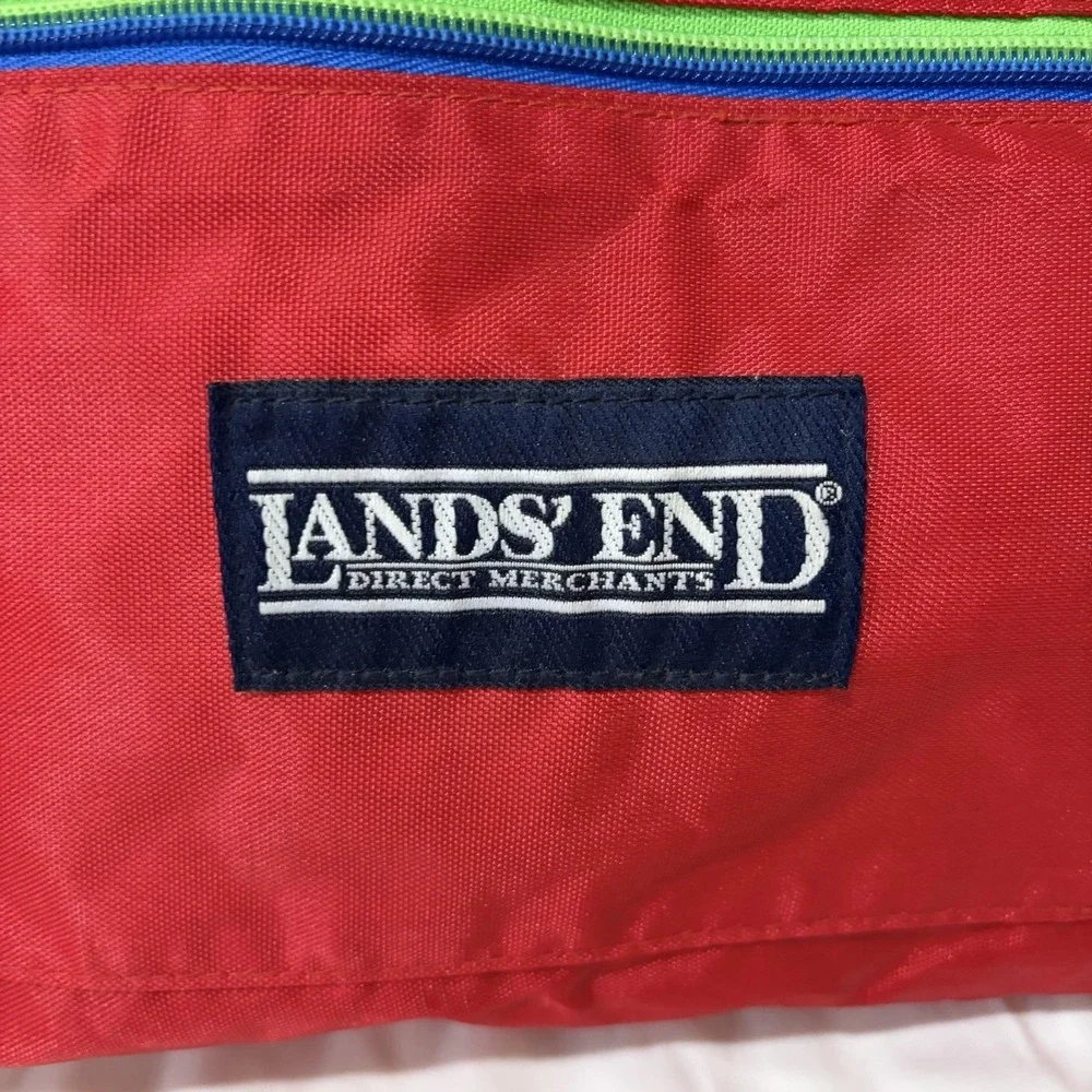 Vintage Land's End Red duffle bag small Vinyl 90s Green Blue Zipper 12